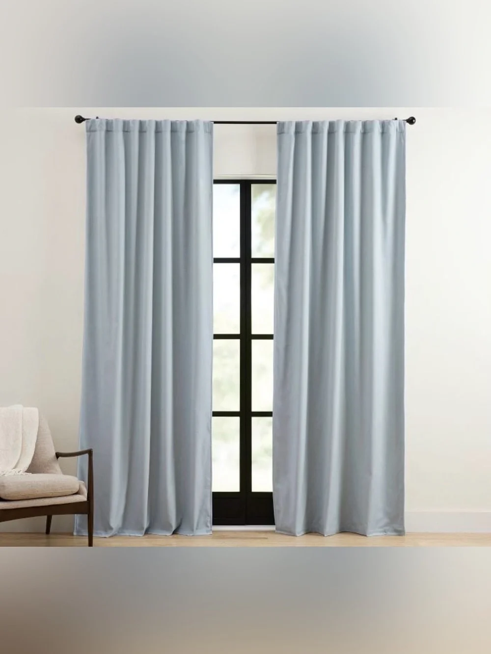 NWT SINGLE Pottery Barn Broadway Chambray Blue Blackout Curtain 50x84 in